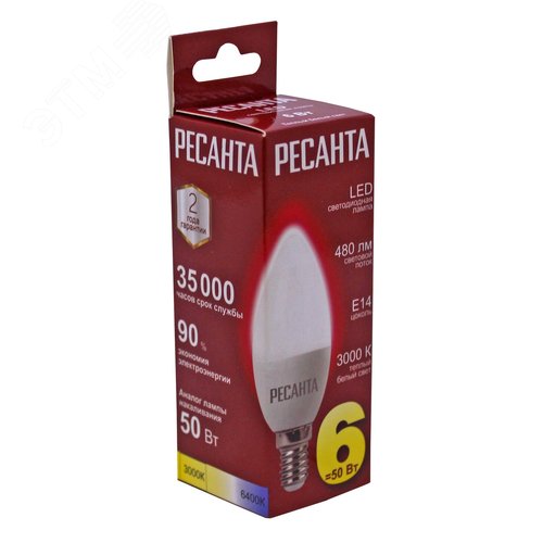 Лампа светодиодная LL-R-C37-6W-230-3K-E14 (свеча, 6Вт, тепл., Е14) Ресанта - фото 2