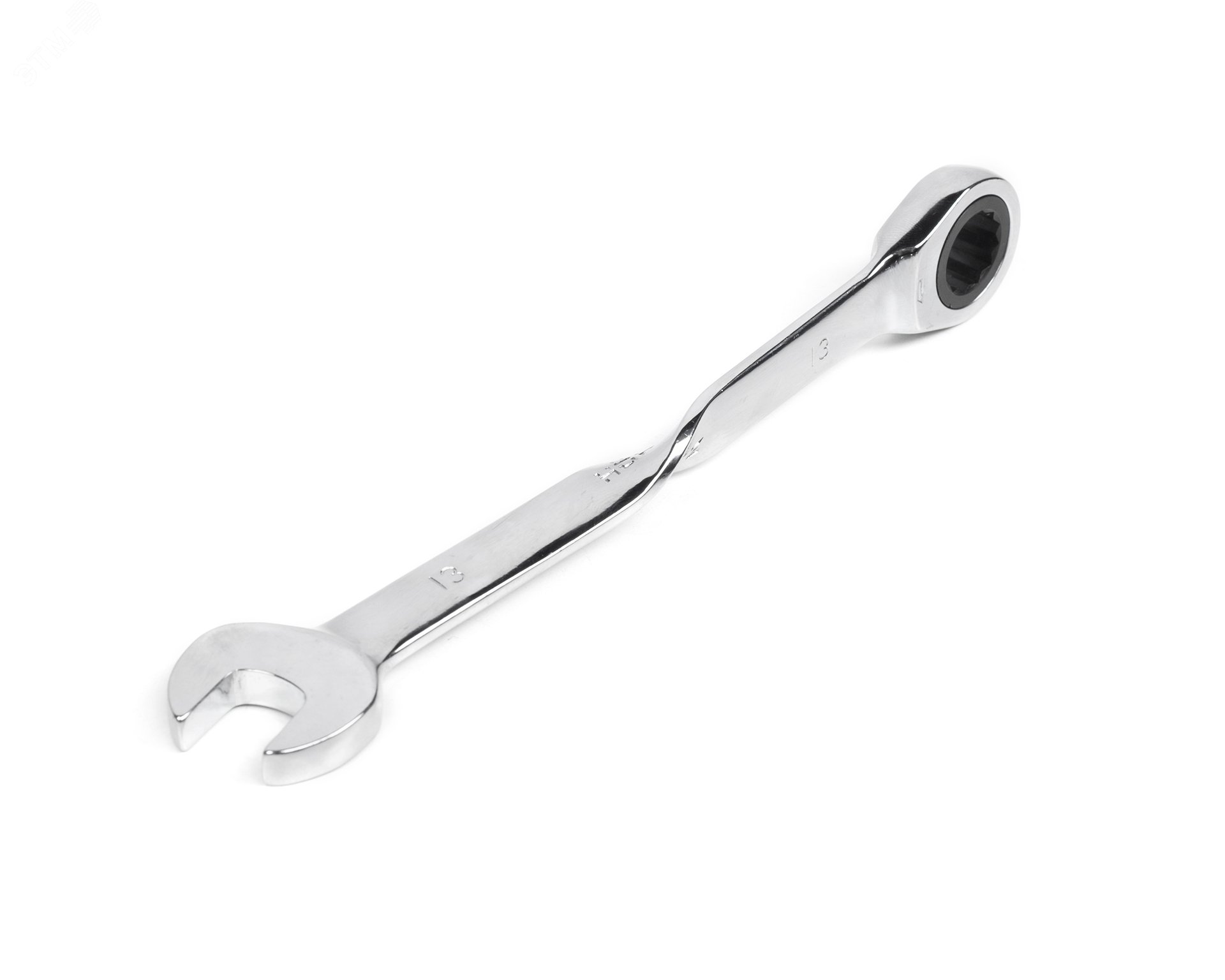 Изображение товара Комбинированный трещоточный удлиненный ключ с изогнутой рукояткой хромированный 13x13 HORTZ