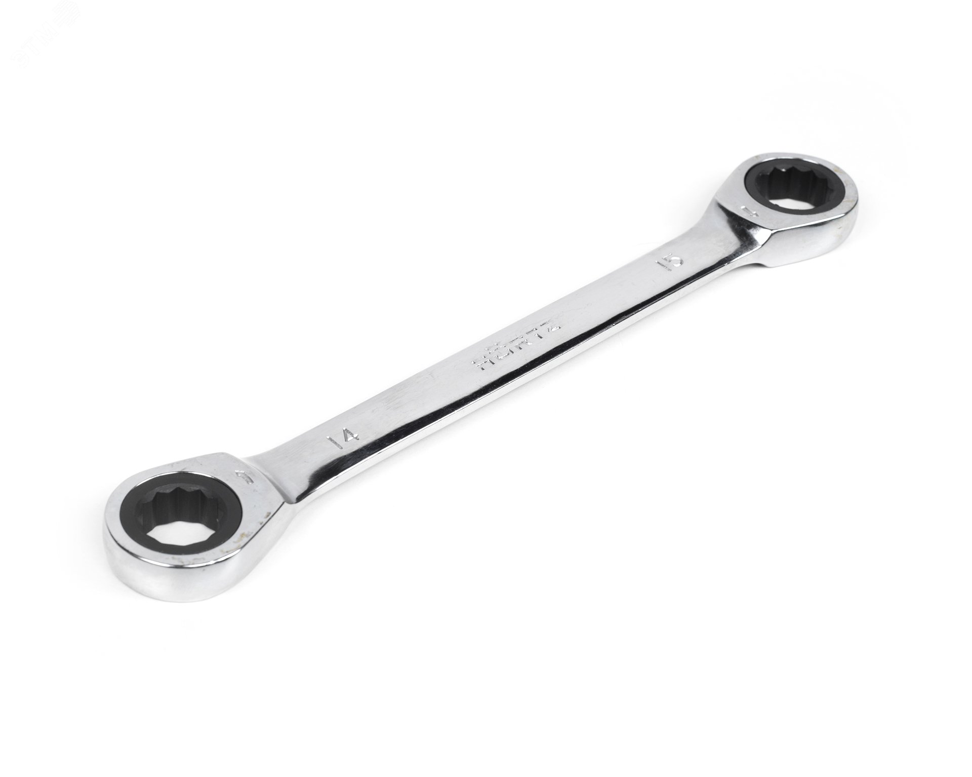 Изображение товара Ключ накидной двусторонний 14x15 трещоточный хромированный HORTZ