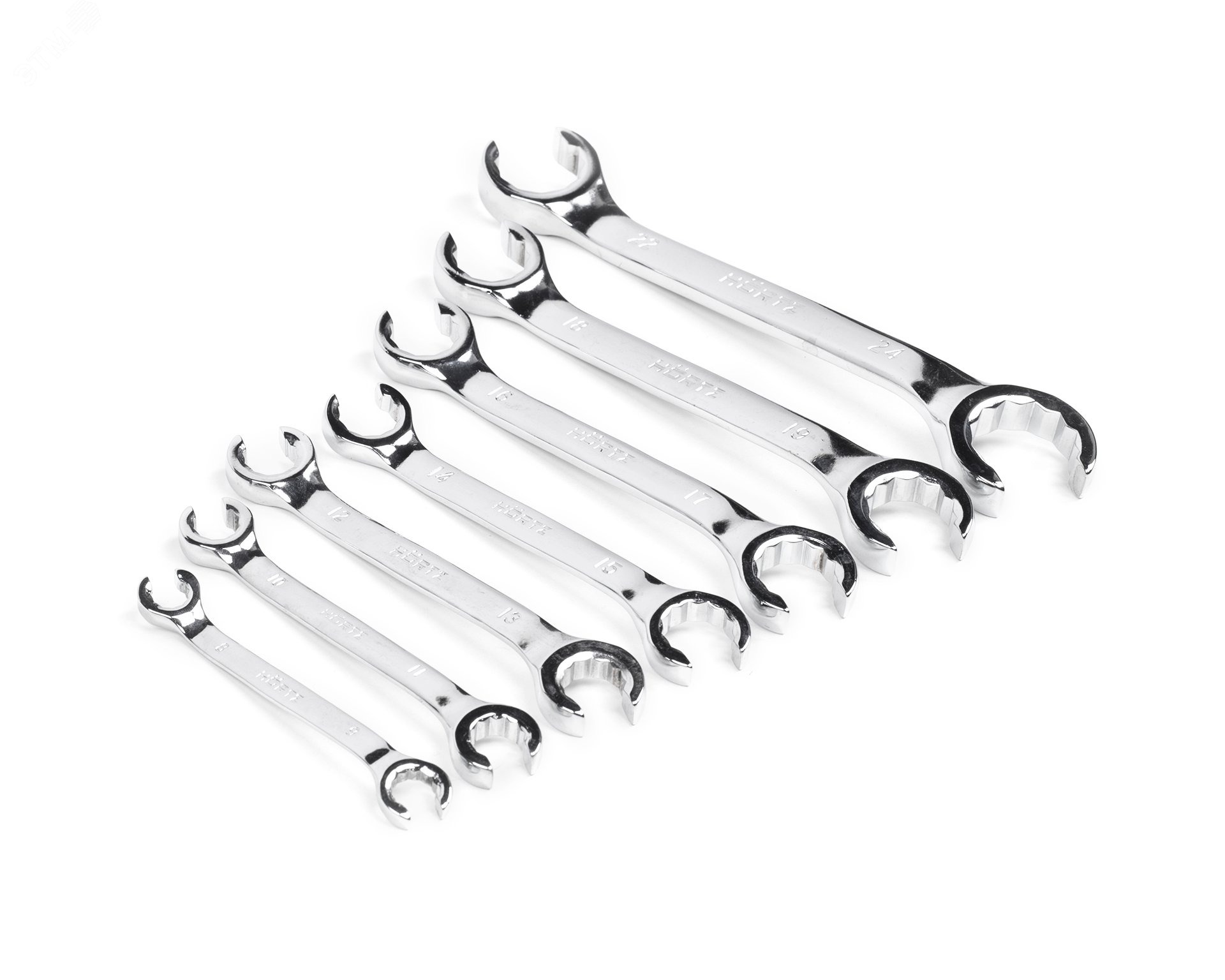 Изображение товара Набор ключей накидных разрезных двусторонних 7 размеров 8-24 мм хромированные HORTZ