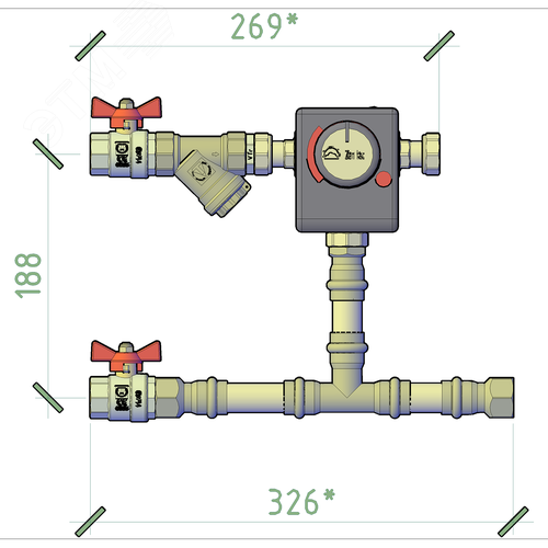 Изображение товара Смесительный узел для охладителя ДУ20, присоединение G3/4, KVS 2,5, расход 1,2м3/ч, привод 24VDC, управление 0-10В (шт)