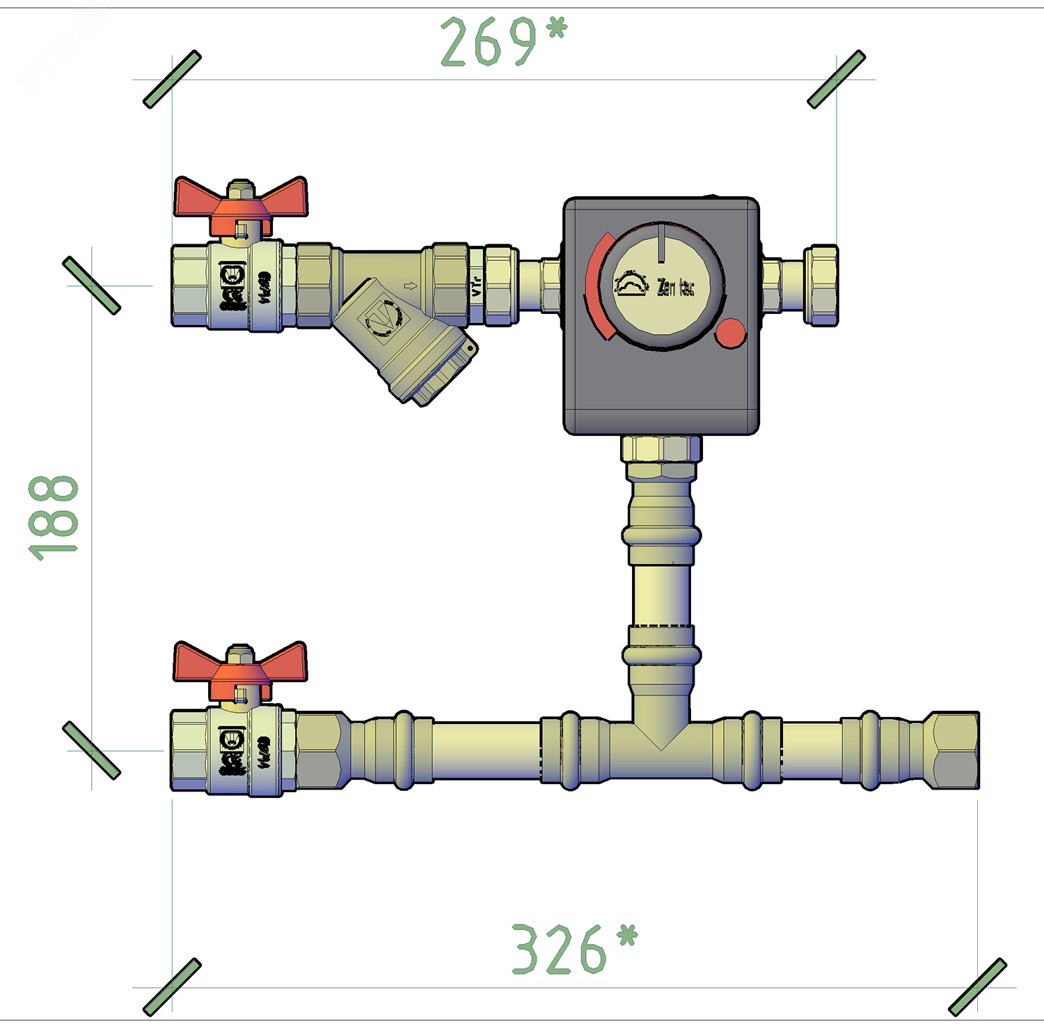 Изображение товара Смесительный узел для охладителя ДУ20, присоединение G3/4, KVS 1, расход 0,5м3/ч, привод 24VDC, управление 0-10В (шт)