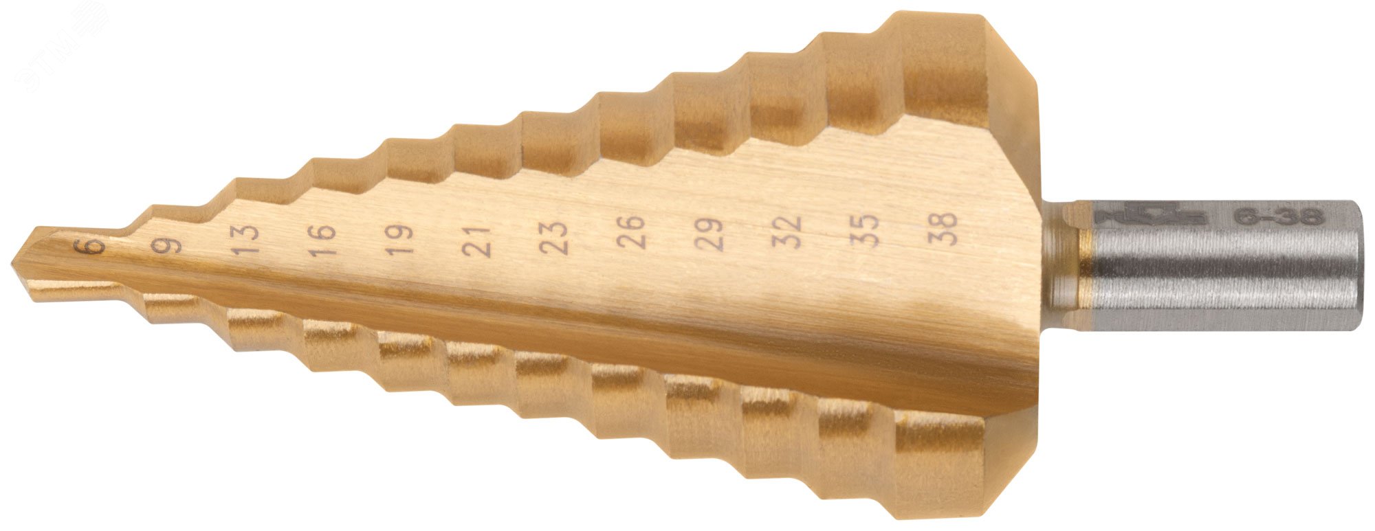 Изображение товара Сверло ступенчатое HSS с покрытием TiN 12 ступеней диаметр 6-38 мм для металла и пластика