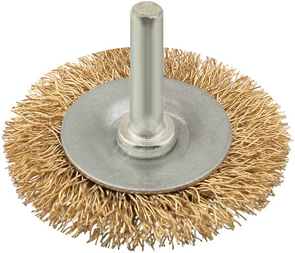 Кордщетка, тип ''колесо'', со штифтом, стальная латунированная волнистая проволока 100 мм