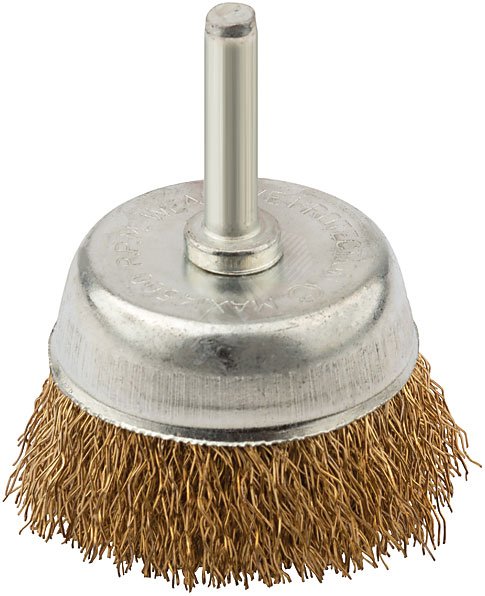 Кордщетка, тип ''чашка'', со штифтом, стальная латунированная волнистая проволока 50 мм