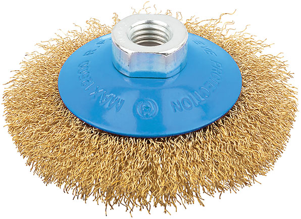 Кордщетка, тип ''колесо'' с наклоном, гайка М14, стальная волнистая латунированная проволока 100 мм