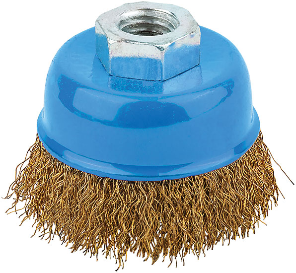 Кордщетка, тип ''чашка'', гайка М14, стальная латунированная волнистая проволока 65 мм