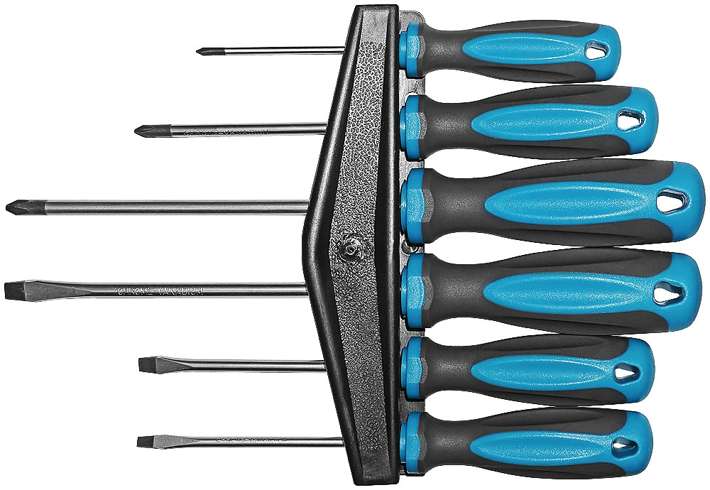 Набор отверток ''Техник'', на держателе, CrV сталь, прорезиненные ручки, 6 шт., PH0,1,2 + SL4,5,7
