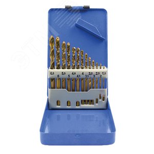Изображение товара Набор сверл по металлу HSS шлифованные, титановое покрытие, угол заточки 135град, мет.бокс,19 шт. (1-10 мм через 0,5 мм) (шт)