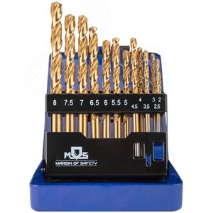 Набор сверл по металлу HSS шлифованные, титановое покрытие, угол заточки 135град, мет.бокс, 13 шт. (2-2,5-3-3,5-4-4,5-5-5,5-6-6,5-7-7,5-8 мм) - фото 2
