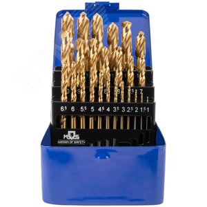 Набор сверл по металлу HSS шлифованные, титановое покрытие, угол заточки 135град,  мет.бокс, 25 шт. (1-13 мм, через 0,5 мм) - фото 2