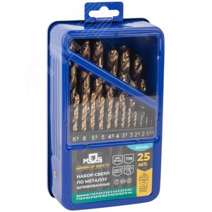 Набор сверл по металлу HSS шлифованные, титановое покрытие, угол заточки 135град,  мет.бокс, 25 шт. (1-13 мм, через 0,5 мм) - фото 4