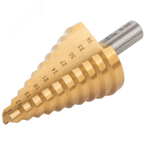 Сверло ступенчатое HSS по металлу, 10 ступеней 9-12-15-18-21-24-27-30-33-36 мм - фото 2