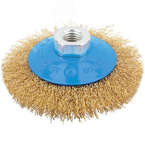 Изображение товара Кордщетка, тип ''колесо'' с наклоном, гайка М14, стальная волнистая латунированная проволока 100 мм (шт)