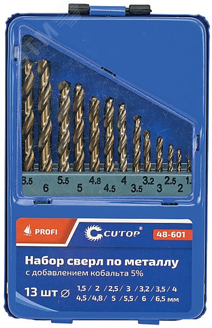 Изображение товара Набор сверл по металлу с кобальтом 5% в металлической коробке, 1.5-6.5 мм (через 0.5мм + 3.2мм, 4.8мм), 13 шт, Cutop Profi (шт)