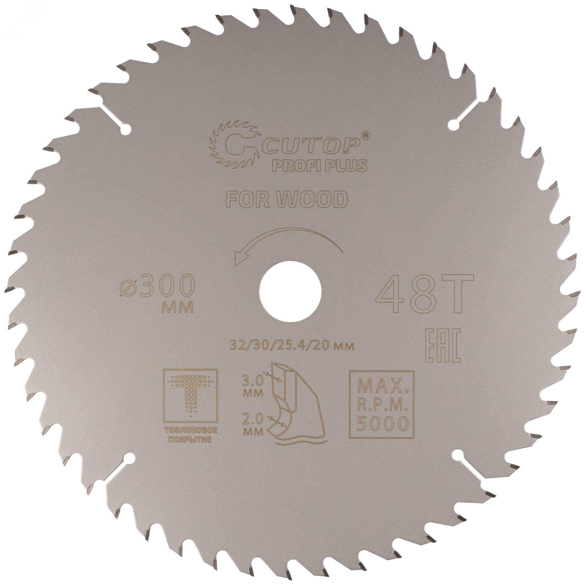 Изображение товара Диск пильный по дереву с тефлоновым покрытием 48Т, Profi plus, 300x2,0/3,0x32/30/25,4/20 мм (шт)