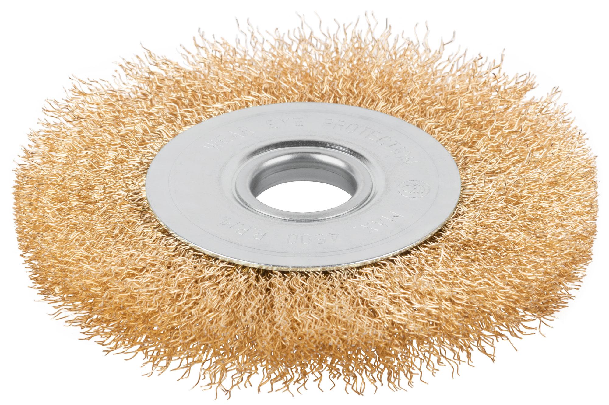 Щетка для УШМ, посадка 22,2 мм, Плоская, латунированная витая проволока 0,3 мм, 125 мм, блистер, Profi