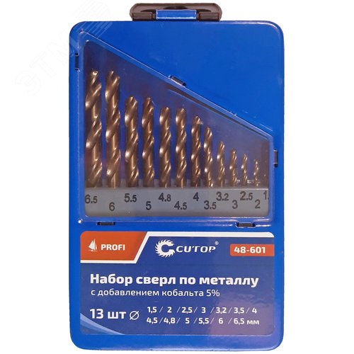 Изображение товара Набор сверл по металлу с кобальтом 5% в металлической коробке, 1.5-6.5 мм (через 0.5мм + 3.2мм, 4.8мм), 13 шт, Cutop Profi (шт)