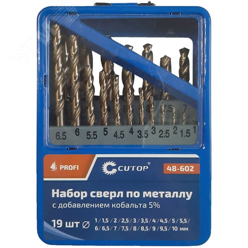 Изображение товара Набор сверл по металлу с кобальтом 5% в металлической коробке, 1-10 мм (через 0.5 мм), 19 шт, Cutop Profi (шт)