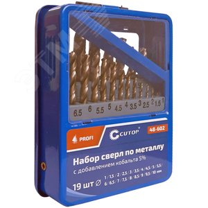 Набор сверл по металлу с кобальтом 5% в металлической коробке, 1-10 мм (через 0.5 мм), 19 шт, Cutop Profi - фото 2