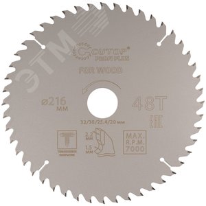 Диск пильный по дереву с тефлоновым покрытием 48Т, Profi plus, 216x1,5/2,2x32/30/25,4/20 мм - фото 1