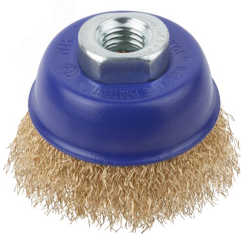 Щетка для УШМ, М14, Чашка, латунированная витая проволока 0,3 мм, 65 мм, блистер, Profi - фото 1