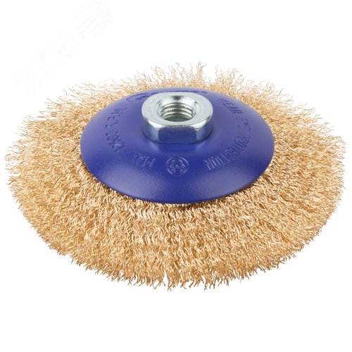 Щетка для УШМ, М14, Тарелка, латунированная витая проволока 0,3 мм, 125 мм, блистер, Profi - фото 1