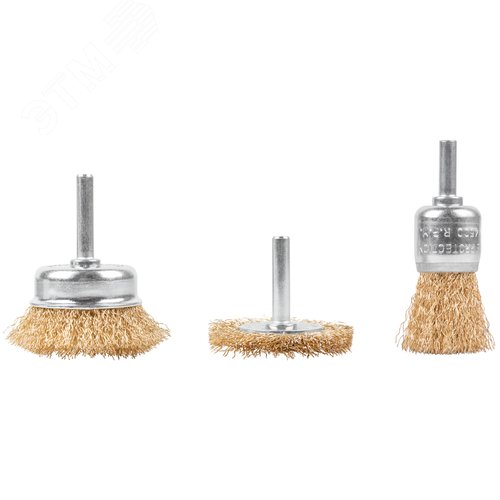Набор щеток для дрели, 3 шт., Чашки 25, 50 мм, Плоская 50 мм, латунированная витая проволока, блистер, Profi - фото 2