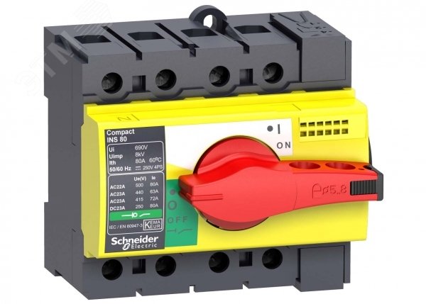 Выключатель-разъединитель INS63 4п красная рукоятка/желтая панель 28919 Schneider Electric - превью 3