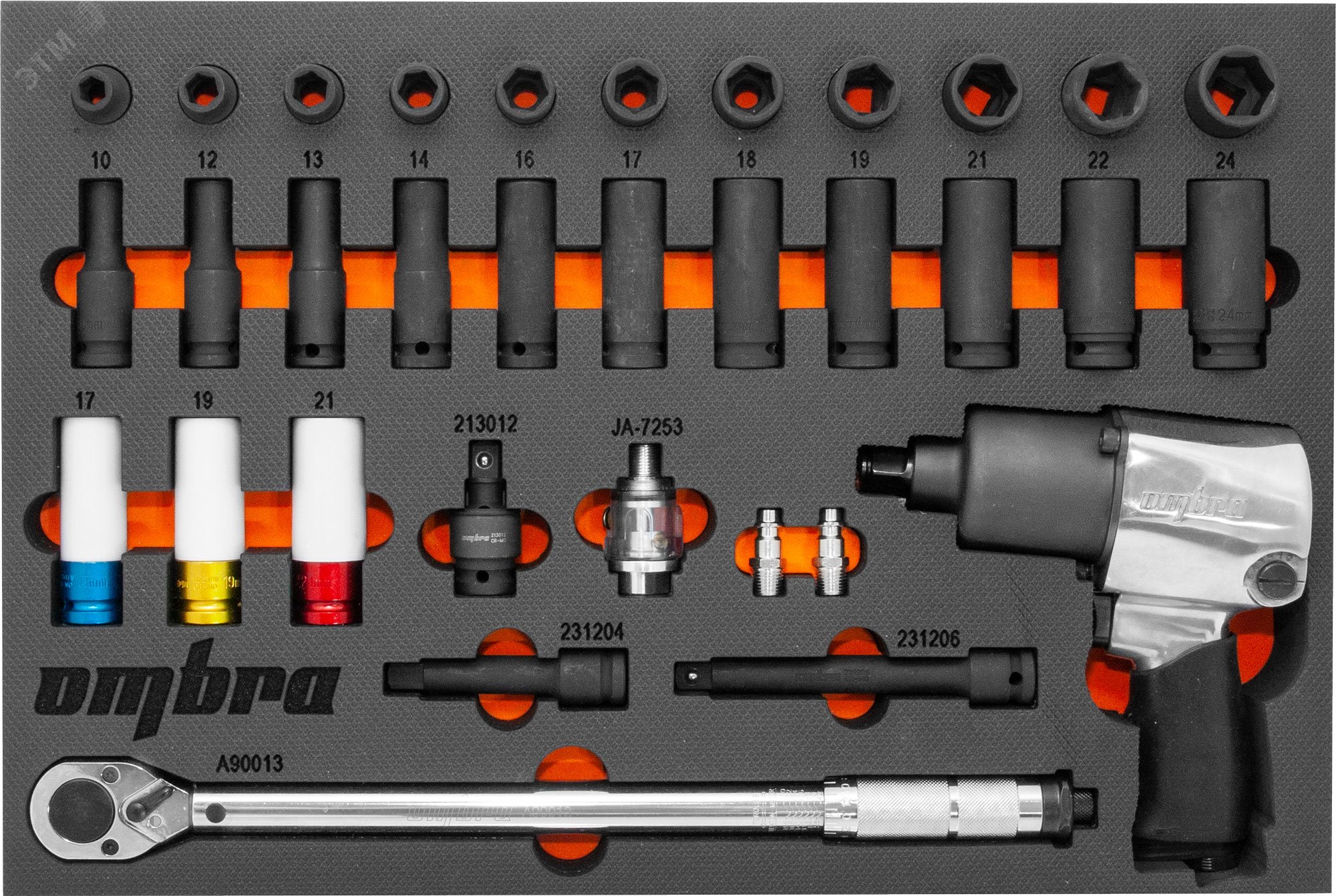 Набор с гайковертом, динамометрическим ключом и ударными головками в EVA ложементе 560х375 мм, 33 предмета OMT33STE Ombra