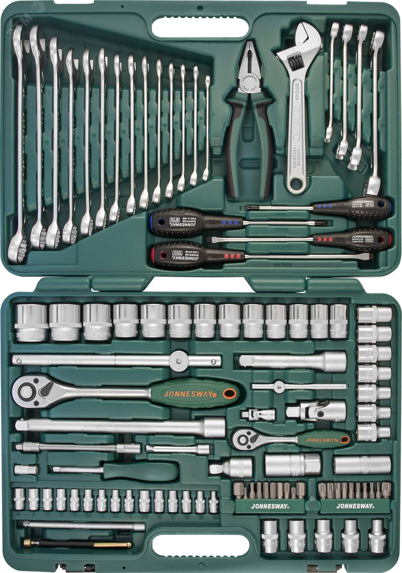 Изображение товара Универсальный набор инструмента 1/4'' и 1/2'' DR 101 предметов Jonnesway S04H624101SA
