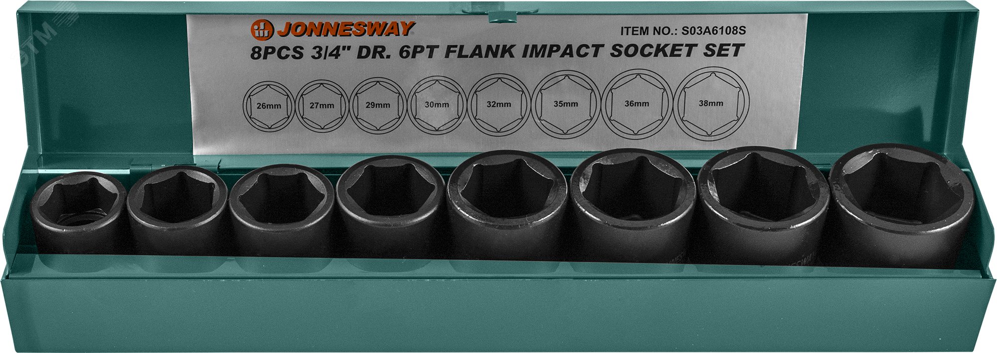 Изображение товара Набор головок торцевых ударных 3/4'', 26-38 мм, 8 предметов (шт)