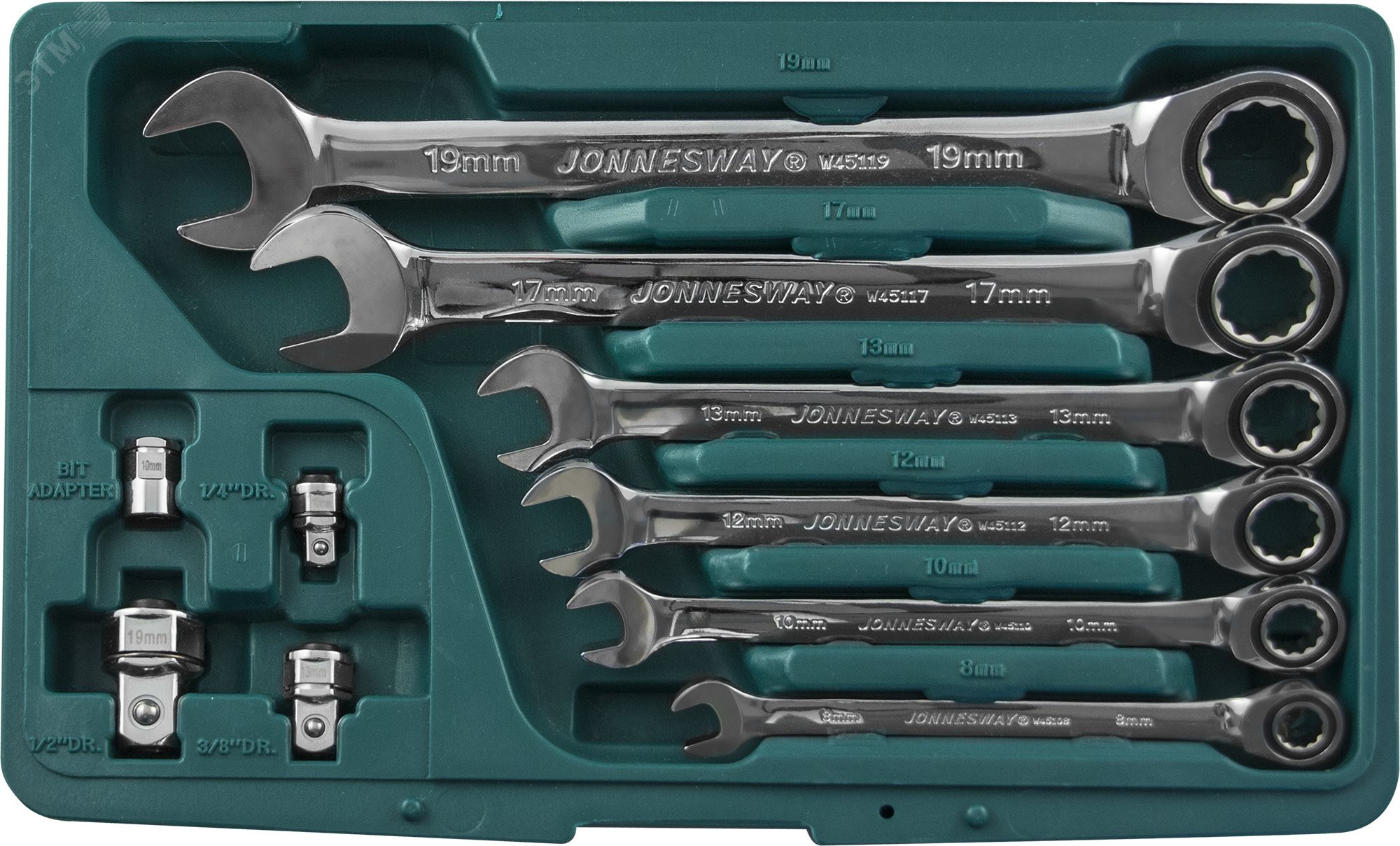 Изображение товара Набор ключей гаечных комбинированных трещоточных с аксессуарами в кейсе, 8-19 мм, 10 предметов (шт)