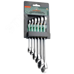 Изображение товара Набор ключей гаечных накидных трещоточных на держателе, 8-19 мм, 6 предметов (шт)