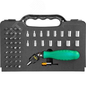 Изображение товара Рукоятка отверточная трещоточная с гибкой головкой в наборе с битами и головками, 53 предмета (шт)