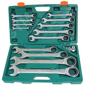 Изображение товара Набор ключей гаечных комбинированных трещоточных с аксессуарами в кейсе, 8-32 мм, 17 предметов (шт)