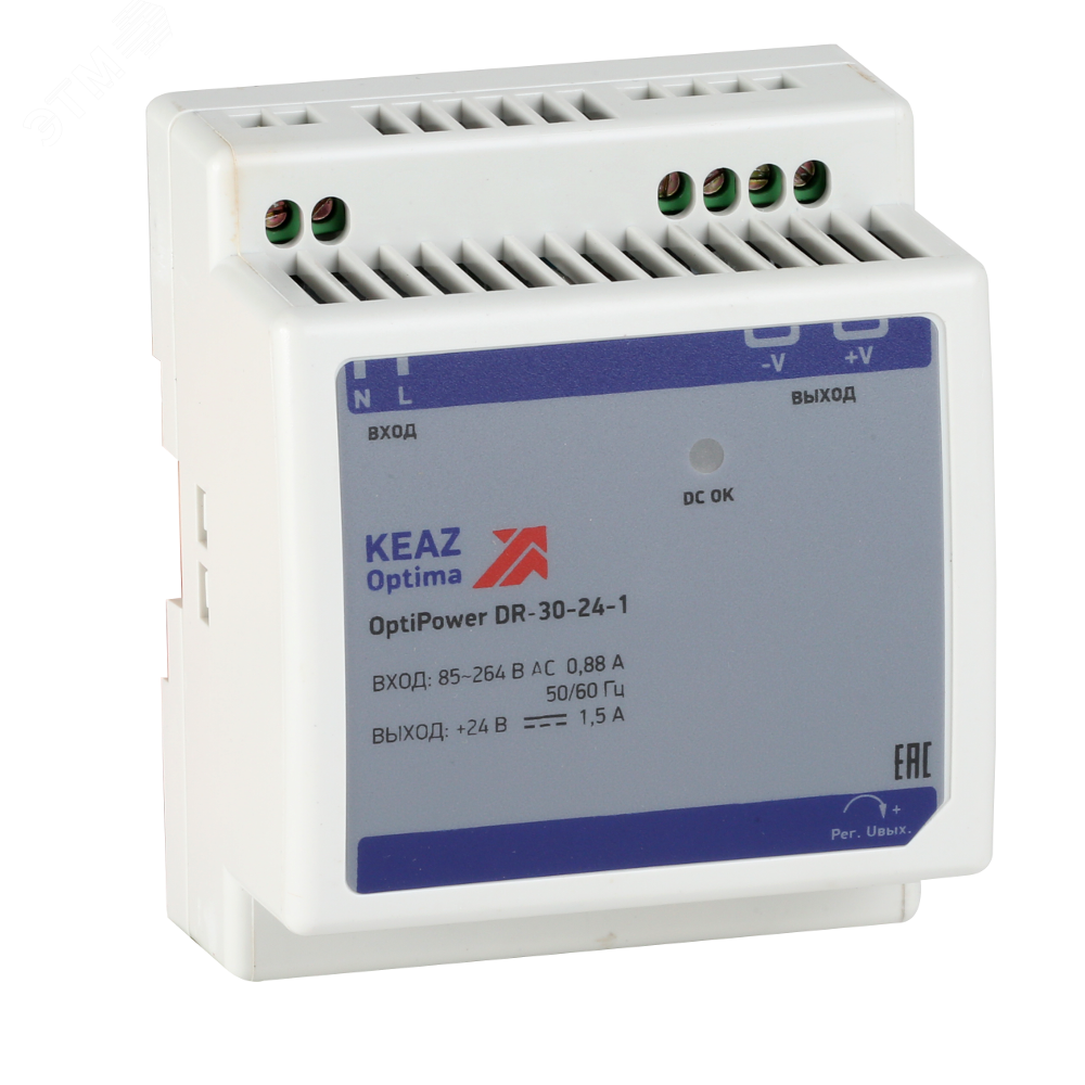 Изображение товара Блок питания OptiPower DR-30-24-1 на DIN-рейку с защищенным выходом