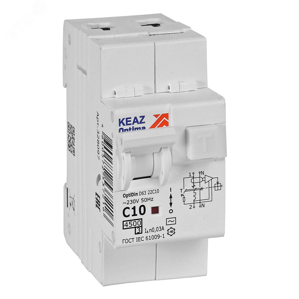 Изображение товара Автоматический дифференциальный выключатель АВДТ 10А 30мА OptiDin D63-22C10-AC-У3