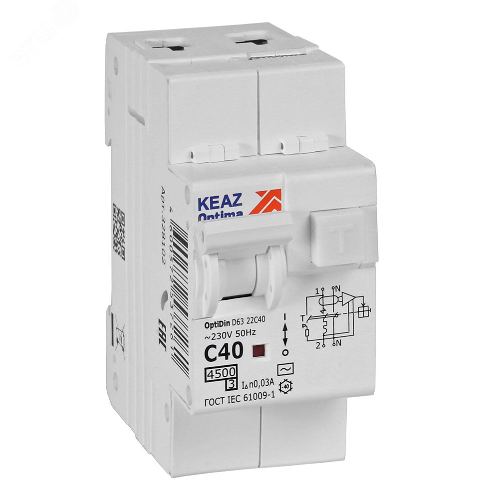 Изображение товара Выключатель автоматический дифференциального тока АВДТ с защитой от сверхтоков 2П 40А 30мА AC 4,5кА OptiDin D63-22C40-AC-У3 (шт)