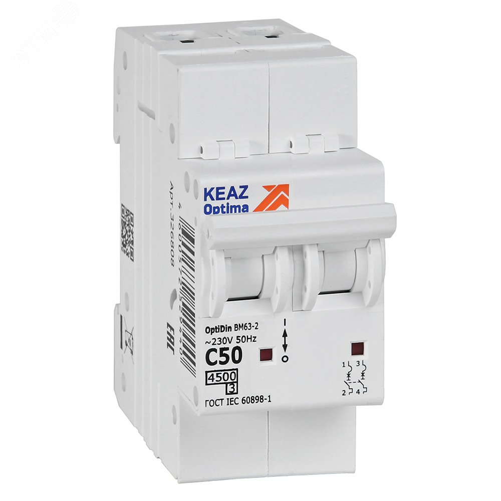 Изображение товара Выключатель автоматический двухполюсный 50А C 4,5кА AC OptiDin BM63-2C50-4,5-УХЛ3 (шт)