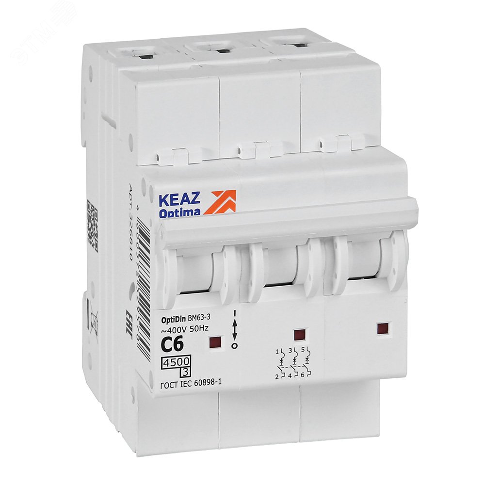 Изображение товара Выключатель автоматический трехполюсный OptiDin BM63-3C6-4,5-УХЛ3 6А 4,5кА