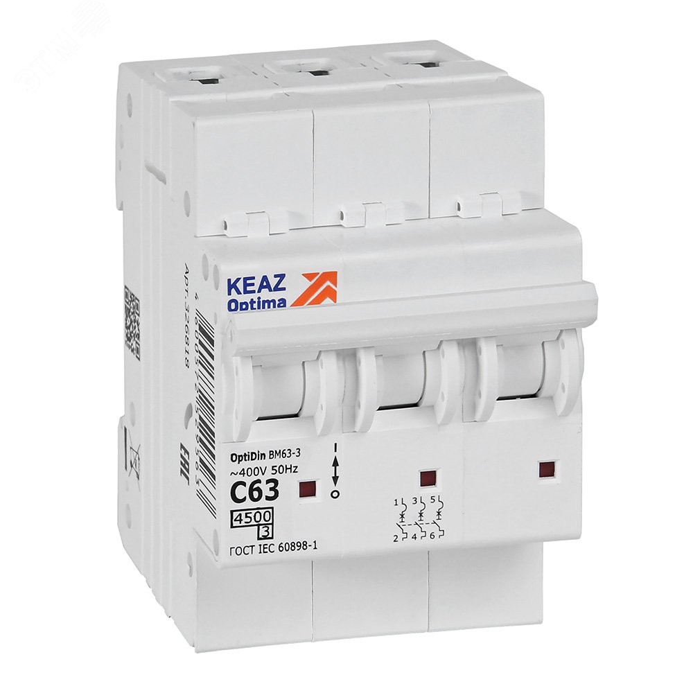 Изображение товара Выключатель автоматический трехполюсный 63А C 4,5кА AC OptiDin BM63-3C63-4,5-УХЛ3 (шт)