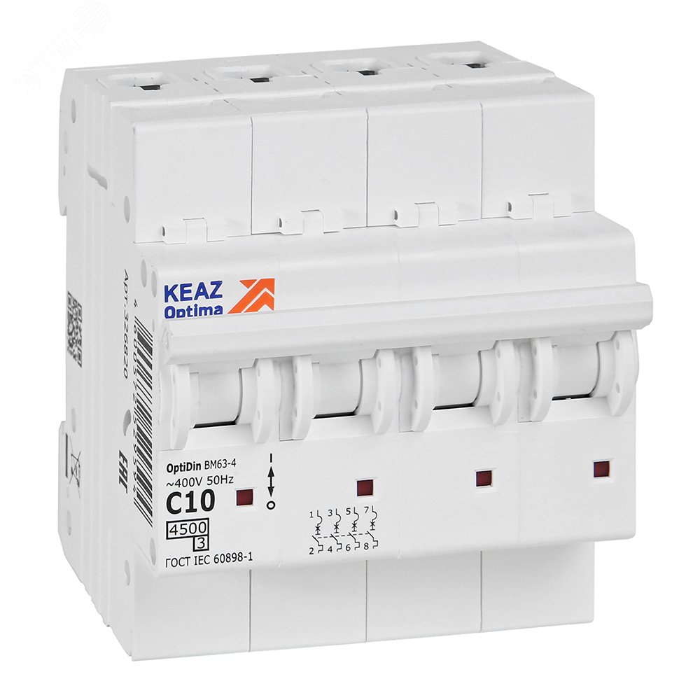 Изображение товара Выключатель автоматический четырехполюсный 10А 4,5кА C OptiDin BM63-4C10-4,5-УХЛ3
