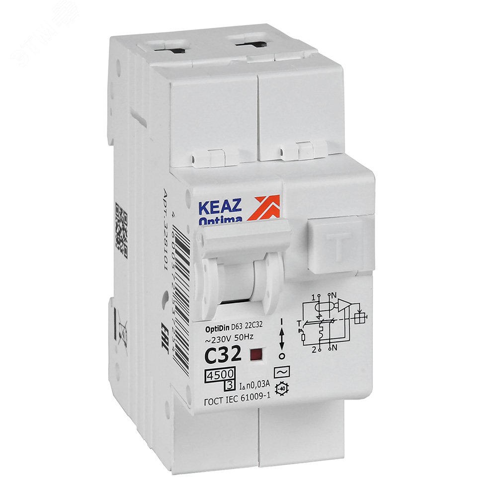 Изображение товара Автоматический дифференциальный выключатель АВДТ 32А 30мА 220В OptiDin D63-22C32-AC-У3