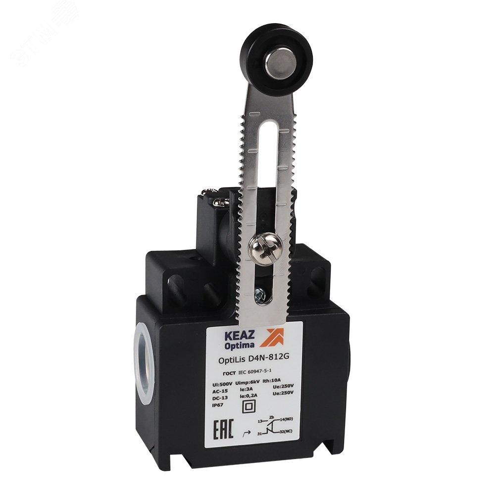 Изображение товара Выключатель концевой OptiLiS D4N-812G регулируемый рычаг с пластиковым роликом (шт)