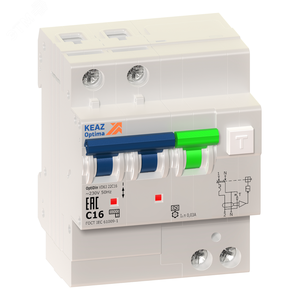 Выключатель автоматический дифференциального тока АВДТ с защитой от сверхтоков 2П 10А 30мА AC OptiDin VD63-22C10-A-УХЛ4 103452 КЭАЗ