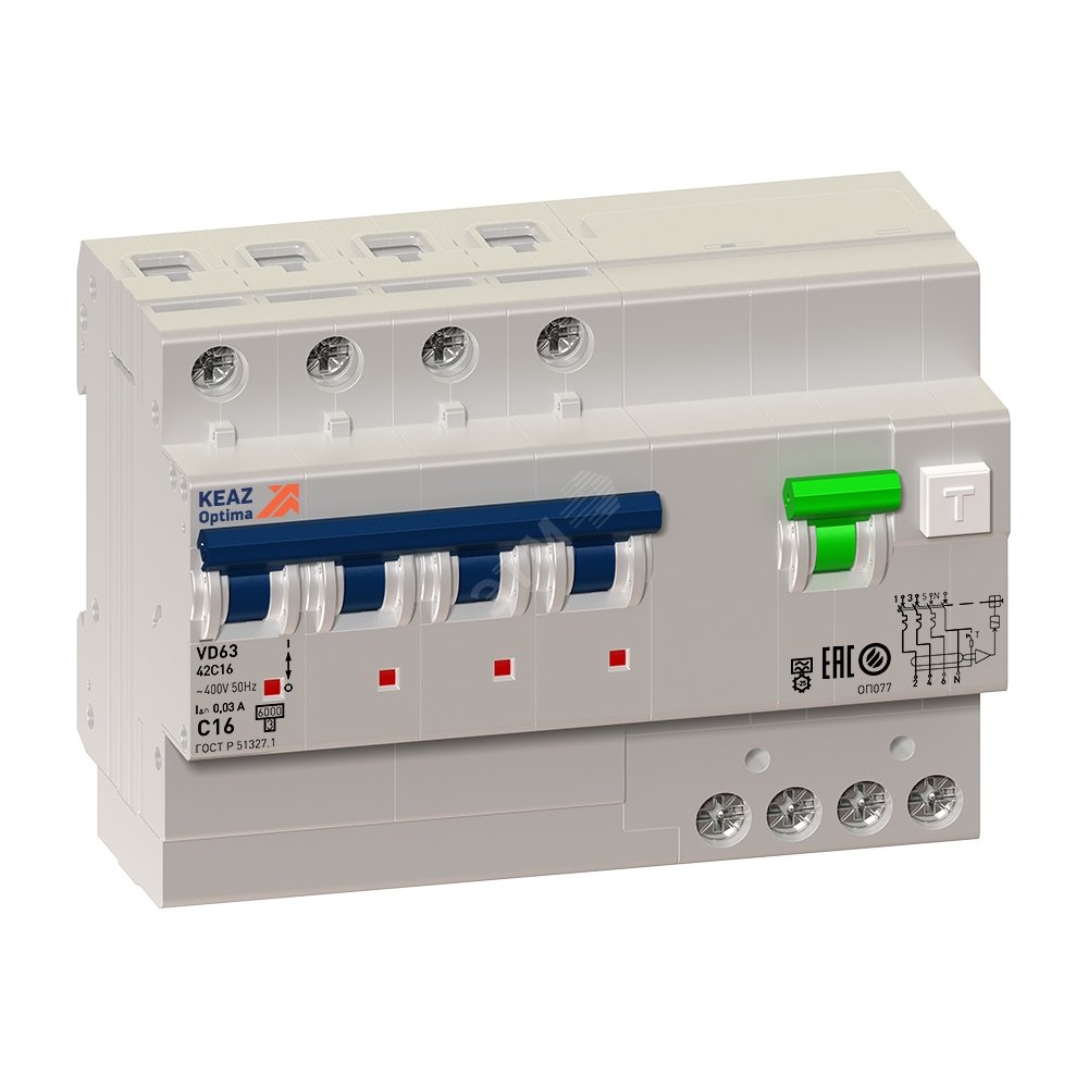 Выключатель автоматический дифференциального тока АВДТ с защитой от сверхтоков 4П 16А 30мА AC OptiDin VD63-42C16-A-УХЛ4 103476 КЭАЗ