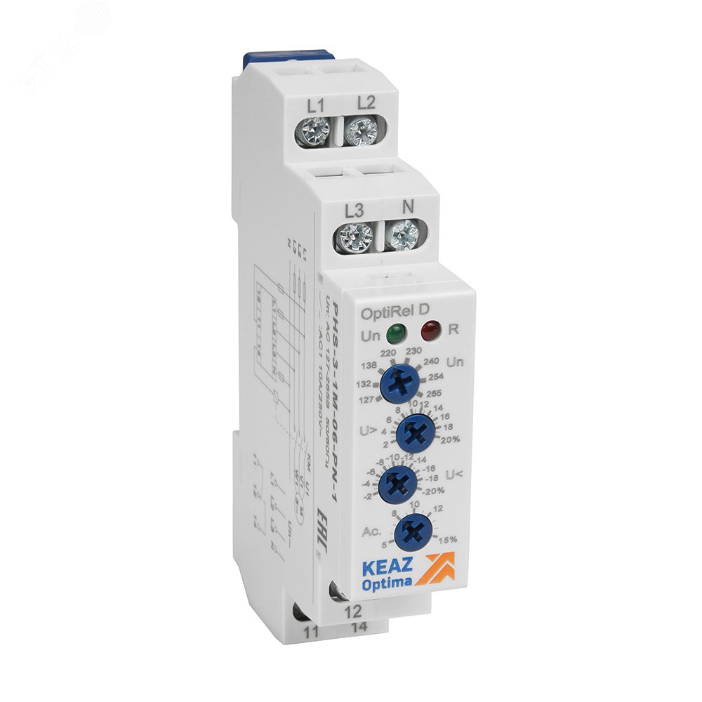 Реле контроля фаз OptiRel D PHS-3-1M-06-PN-2 повышенного/пониженного настр асимметрии 3Ф+N 2CО 331996 КЭАЗ