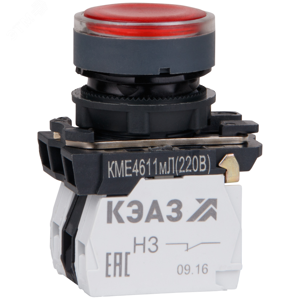 КнопкаКМЕ4611мЛ-220В-красный-1но+1нз-цилиндр-индикатор-IP65-