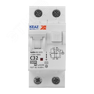 Выключатель автоматический дифференциального тока АВДТ с защитой от сверхтоков 2П 32А 30мА AC 4,5кА OptiDin D63-22C32-AC-У3 - фото 2